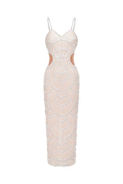 Vestido Halter com Bordado à Mão em Pedrarias e Recortes Sensuais – Elegância Escultural para Ocasiões Especiais