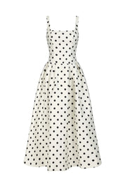 Vestido Longo Plissado com Estampa de Poá, Decote Quadrado e Bolsos Funcionais