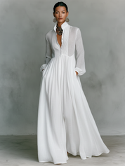 Aurora | Vestido Longo Branco com Decote em V, Manga Longa e Saia Ampla