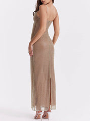 Esmeraldina | Vestido Longo Dourado em Malha Transparente com Alças Finas