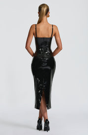 Morticia | Vestido Midi Preto em Vinil com Alças Finas e Corte Sereia