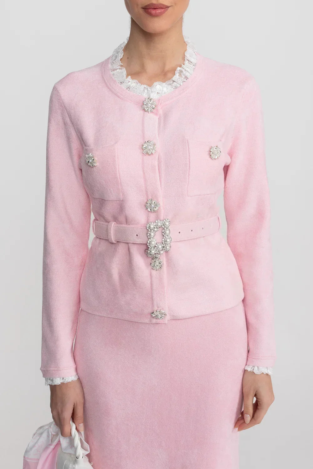 Conjunto Executivo Rosa: Casaco Estruturado e Saia Sereia Midi – Elegância
