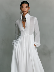 Aurora | Vestido Longo Branco com Decote em V, Manga Longa e Saia Ampla