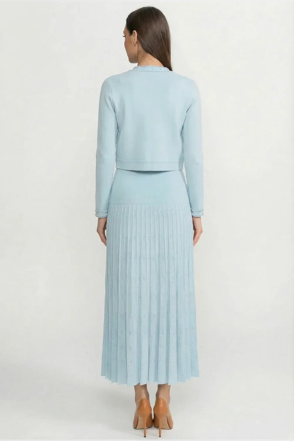 Vestido Midi em Tricô com Aplicações de Pérolas – Azul Serenity