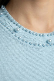 Cardigan em Tricô com Aplicações de Pérolas – Azul Serenity