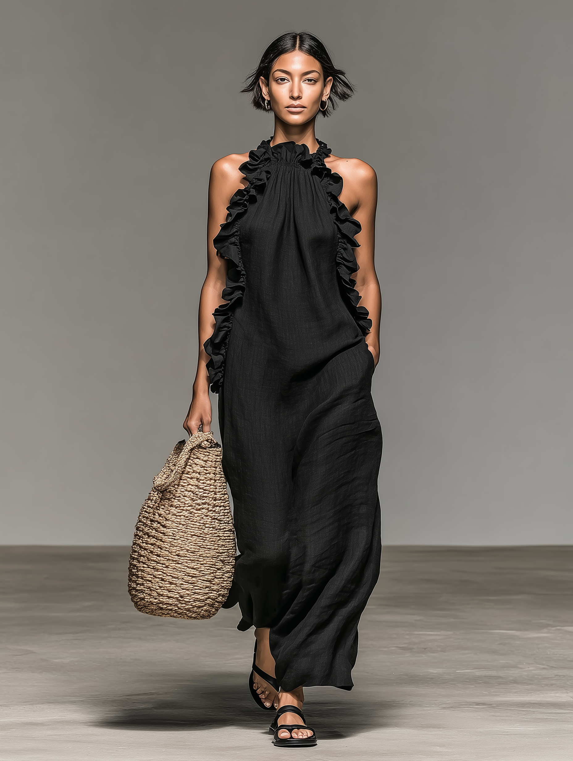 Dalila | Vestido Longo com Gola Halter, Franzido e Fenda Lateral