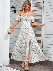 Marcelina | Vestido Midi Floral Azul com Manga Bufante e Fenda Alta