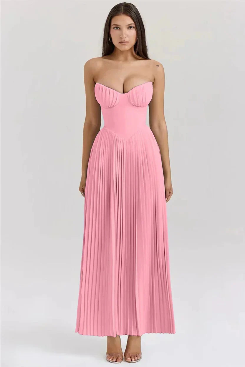 Isadora | Vestido Longo Azul Céu com Corpete Tomara que Caia e Saia Plissada