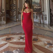 Verônica | Vestido Longo Vermelho com Franzido, Corpete e Detalhe no Pescoço