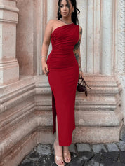 Nádia | Vestido Midi Franzido com Ombro Único e Drapeado Lateral