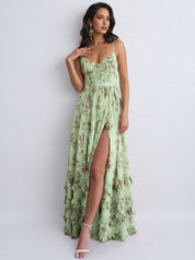 Lídia | Vestido Longo Floral em Tule com Fenda e Decote em V Profundo