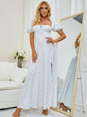 Marcelina | Vestido Midi Floral Azul com Manga Bufante e Fenda Alta