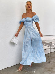 Marcelina | Vestido Midi Floral Azul com Manga Bufante e Fenda Alta