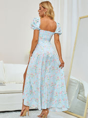 Marcelina | Vestido Midi Floral Azul com Manga Bufante e Fenda Alta