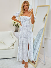 Marcelina | Vestido Midi Floral Azul com Manga Bufante e Fenda Alta