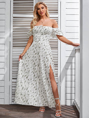 Marcelina | Vestido Midi Floral Azul com Manga Bufante e Fenda Alta