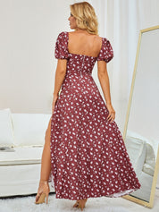 Marcelina | Vestido Midi Floral Azul com Manga Bufante e Fenda Alta