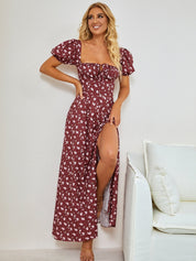 Marcelina | Vestido Midi Floral Azul com Manga Bufante e Fenda Alta