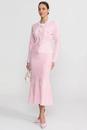 Conjunto Executivo Rosa: Casaco Estruturado e Saia Sereia Midi – Elegância