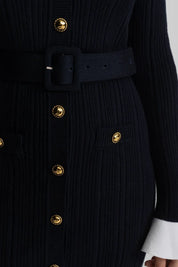 Vestido Midi Canelado com Detalhes em Splicing e Mangas Trombeta