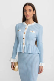Conjunto Tricô de Duas Peças: Casaco com Peplum e Saia Sereia Midi