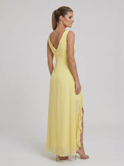 Zaretha | Vestido Longo Amarelo com Alças Finas e Fenda Alta