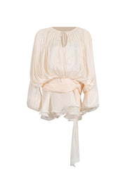 Lavínia | Vestido Curto em Tecido Fluido Off-White com Manga Bufante e Amarração Frontal