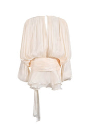 Lavínia | Vestido Curto em Tecido Fluido Off-White com Manga Bufante e Amarração Frontal
