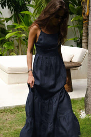 Kimmy | Vestido Longo Azul Marinho em Algodão com Costas Abertas