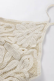 Ophelia | Vestido Mini em Crochê Floral Off-White com Decote Halter