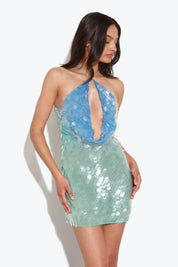 Amelie | Vestido Mini em Paetê Verde Água com Halter Assimétrico