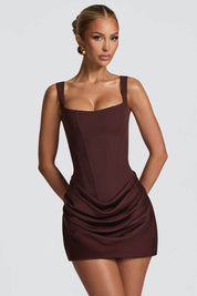 Iara | Vestido Mini Bodycon em Chocolate com Corset Estruturado e Franzido