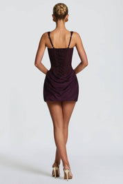 Iara | Vestido Mini Bodycon em Chocolate com Corset Estruturado e Franzido