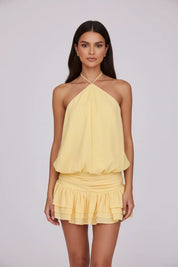 Demi | Vestido Curto Amarelo com Top Franzido e Saia com Babados