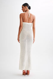 Adriana | Vestido Longo Bege em Renda com Alça Assimétrica