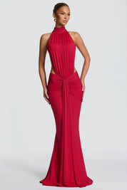 Mahogany | Vestido Longo Sereia em Mogno com Gola Alta Halter e Costas Abertas