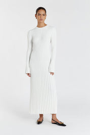 Olga | Vestido Longo em Tricô Canelado Off-White com Manga Longa