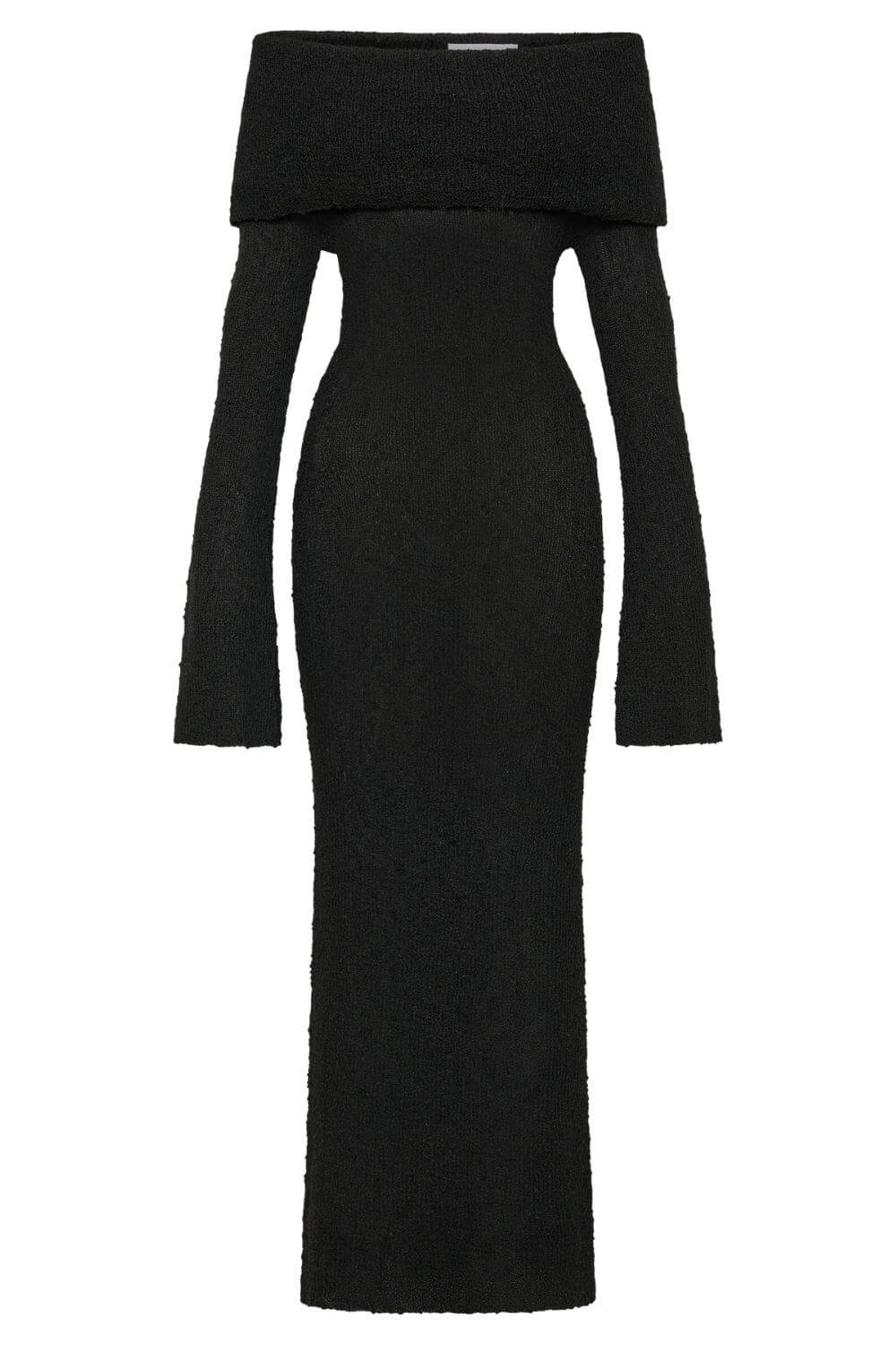 Camila | Vestido Longo Preto Off-Shoulder com Manga Longa