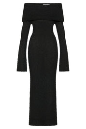 Camila | Vestido Longo Preto Off-Shoulder com Manga Longa