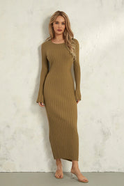 Olga | Vestido Longo em Tricô Canelado Off-White com Manga Longa