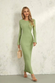 Olga | Vestido Longo em Tricô Canelado Off-White com Manga Longa
