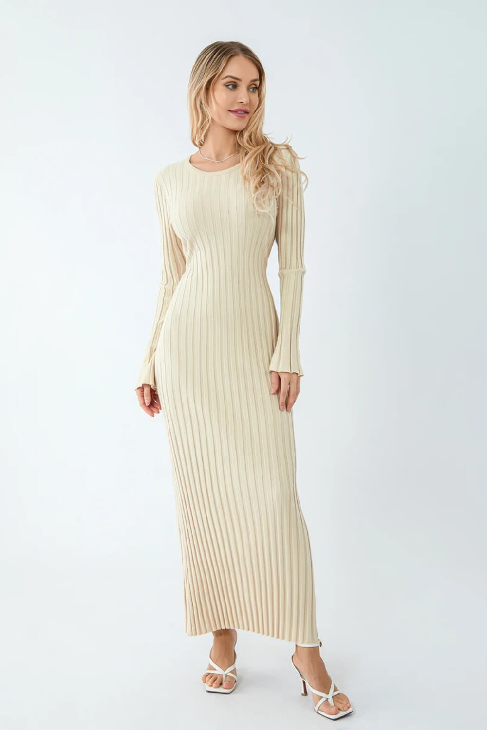 Olga | Vestido Longo em Tricô Canelado Off-White com Manga Longa