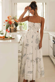 Lívia | Vestido Midi Branco com Estampa Botânica e Forro