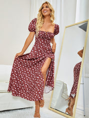 Marcelina | Vestido Midi Floral Azul com Manga Bufante e Fenda Alta